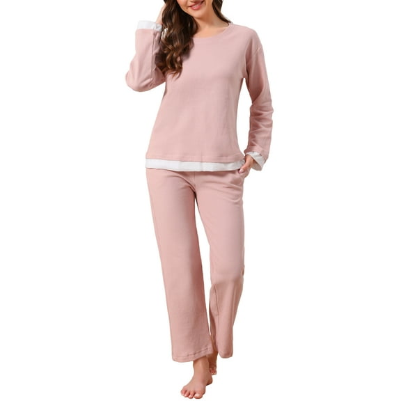 INSPIRE CHIC Womens Waffle Cotton Pajamas Long Sleeve with Pants 2 Piece Matching Lounge Sets with Pockets S Pink