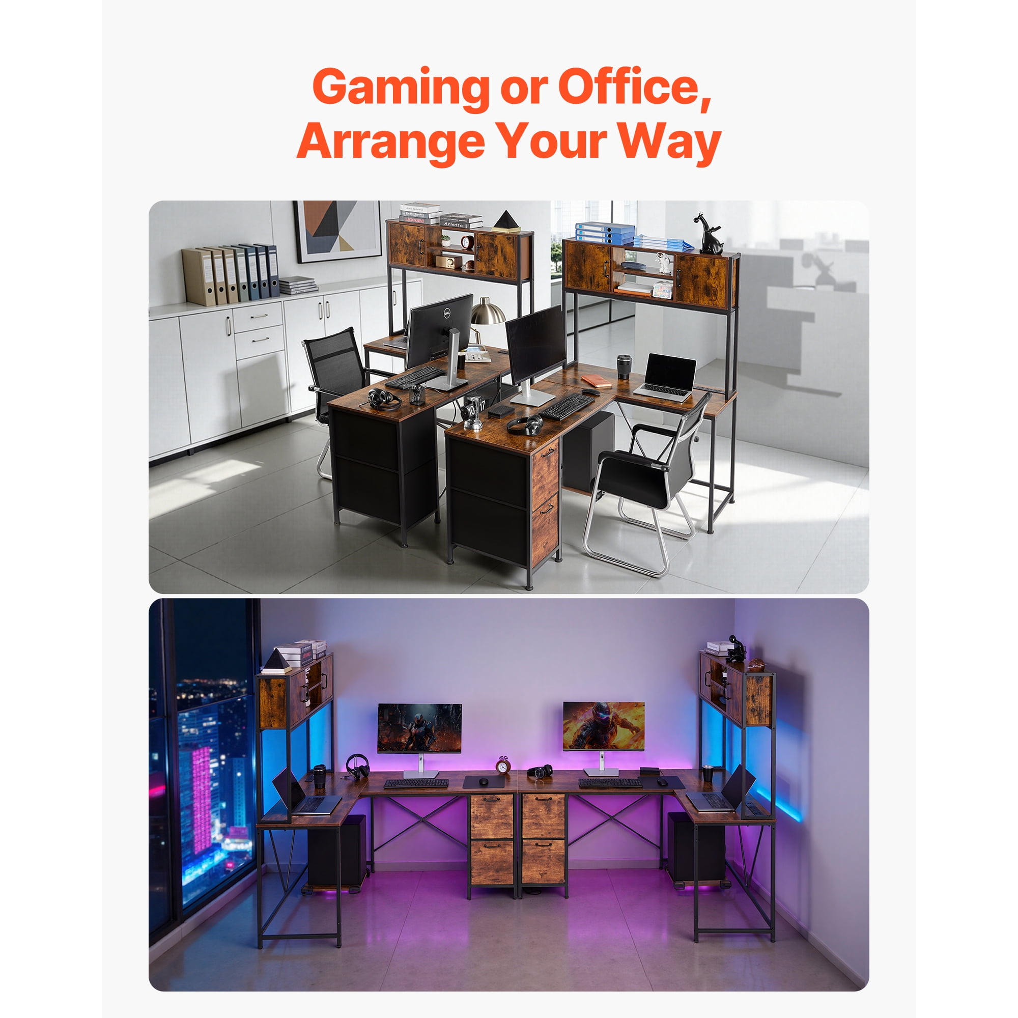 KFFKFF L-Shaped Gaming Desk with LED Lights, 62.2-inch Reversible Corner Computer Desk with Power Outlets, Adjustable CPU Stand & Storage Drawers, Modern PC Gaming Table for Home Office