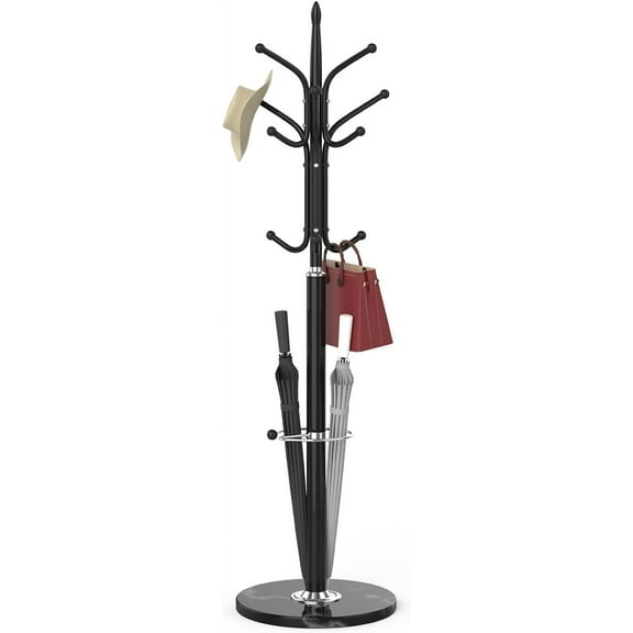 Metal Coat Rack Freestanding, Coat Hanger Stand With Natural Marble Base, Standing Coat Rack With Umbrella Holder, Hall Tree With 12 Hooks For Clothes, Hats, Scarves, Entryway(Black)