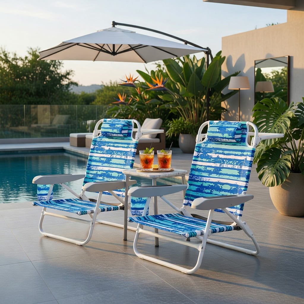 Hommoo 2-Pack Foldable Beach Chair with 5-Position Recline, Padded Headrest & Cup Holder, Lightweight Aluminum Outdoor Chairs for Beach, Camping, Picnic, Blue