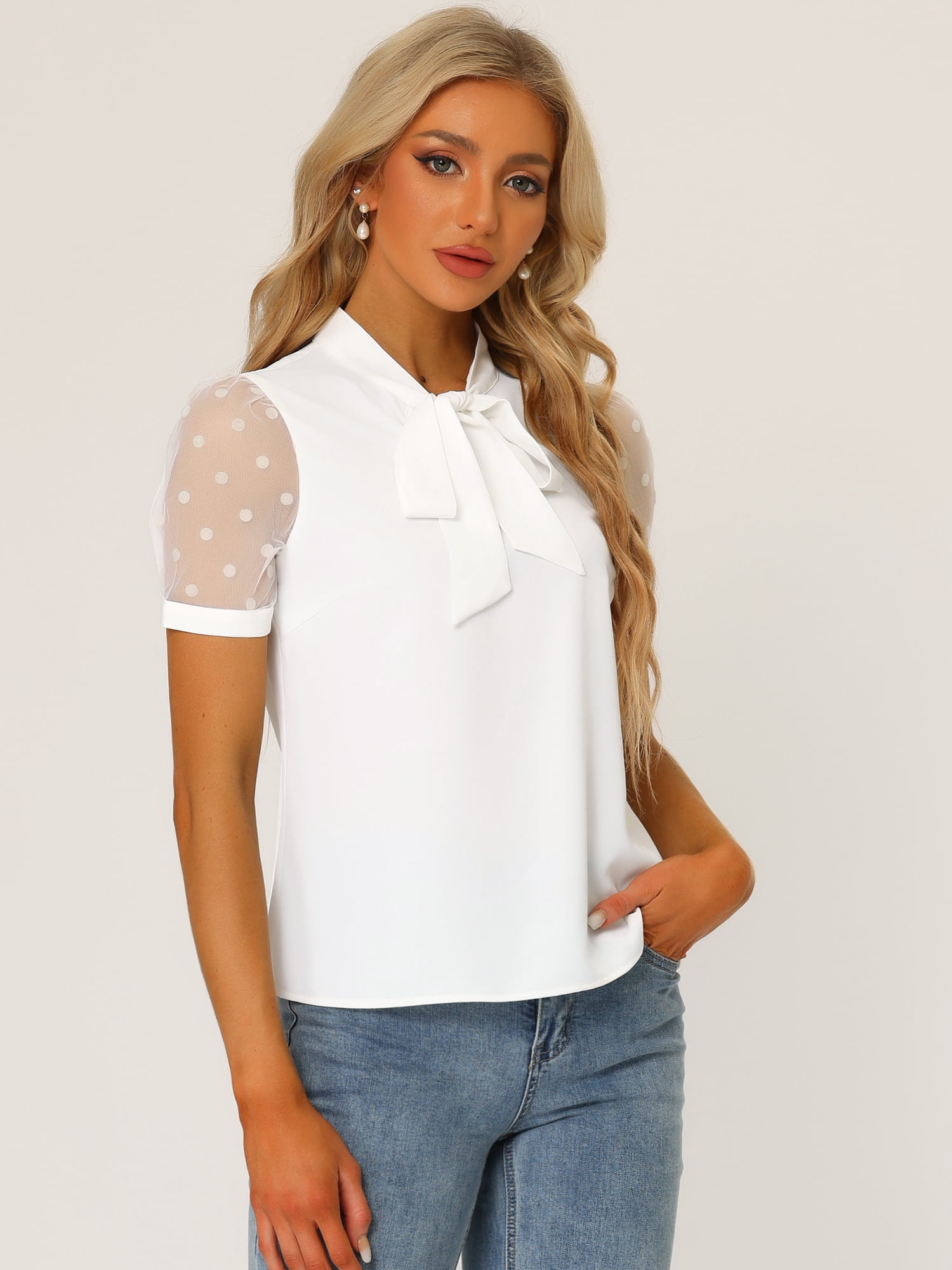 DARING DIVA V Neck Stand Collar Short Mesh Sleeve Blouse S White