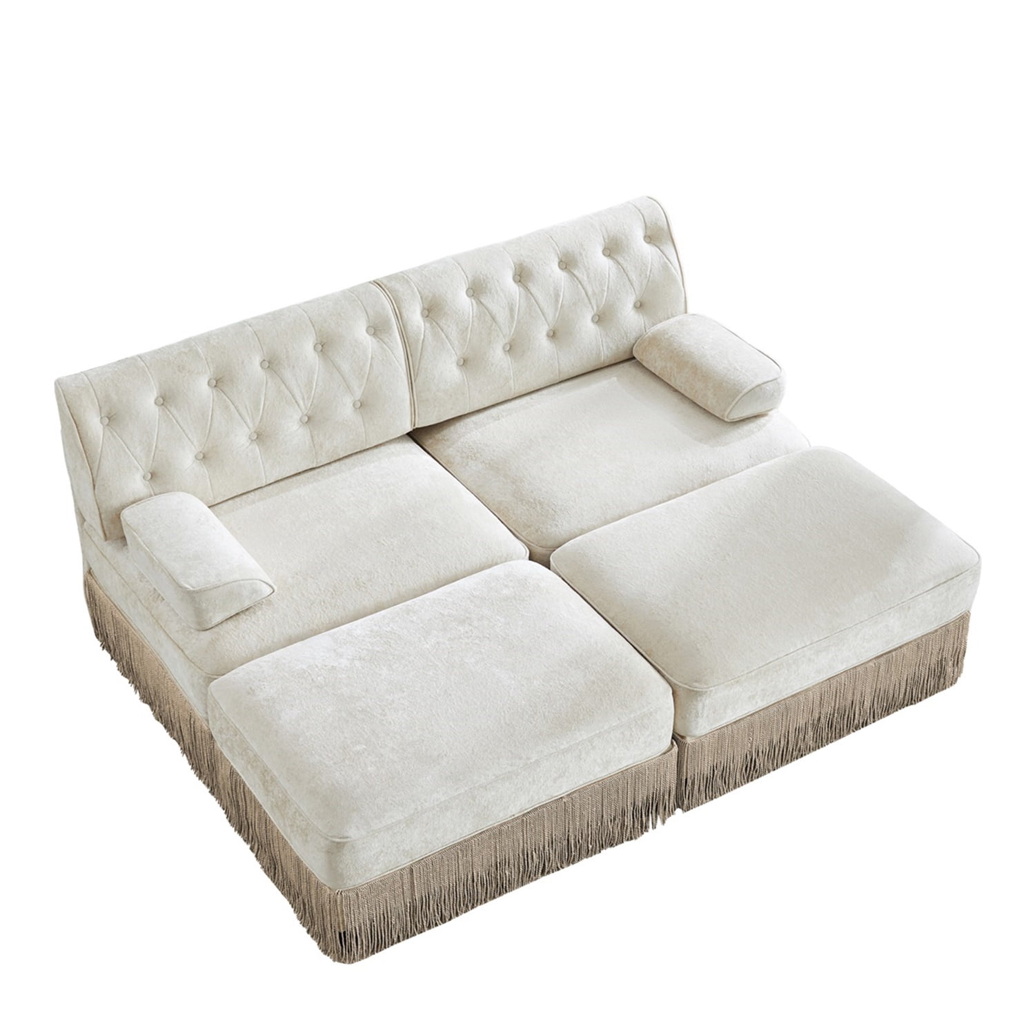 Hommoo 2-Seater Chesterfield Style Velvet Fabric Sofa Couch set with 2 Ottomans, Tufted Button Upholstered Design and Floor-grazing Tassel, Free Combination Sectional Sofa, for Home, Beige