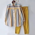 thumbnail image 5 of sunsanly 2 Pcs/Set Women Shirt Pants Set Striped Contrast Color Lapel Long Sleeve Single-breasted Blouse Wide Leg Loose Elastic Waist Trousers Set Lady Casual Daily Outfit, 5 of 7