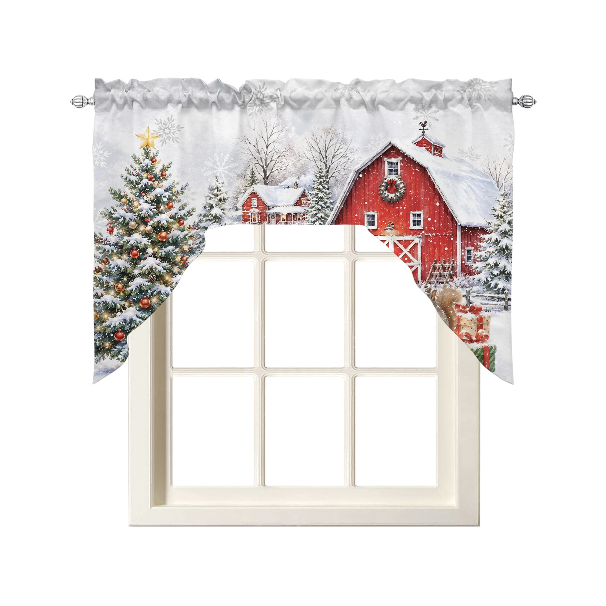 Merry Christmas Swag Curtains for Kitchen Farmhouse Snowman Xmas Tree Snowflake Valances for Windows Rod Pocket Small Window Treatment Short Topper for Cafe Bedroom Bathroom Living Room 56x36 Inch