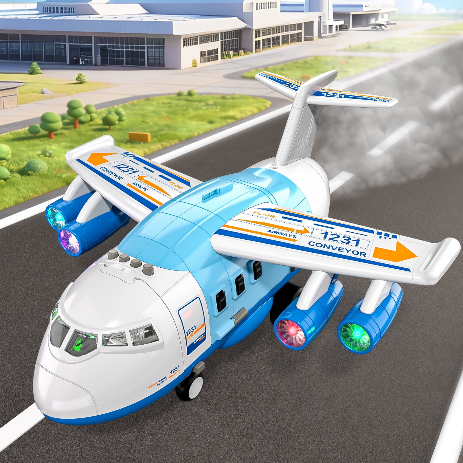 Lucky Doug Plane Toys for Toddlers Ages 1-6, Toddlers Airplane Playset with 10 Cars Toys, Light & Sound, Toys for 3-6 Years Old Boys Gifts