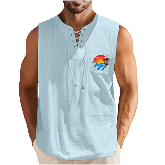 Camisetas de Verano para Hombre, Corbata Casual de Color Sólido sin Mangas Cuello Redondo Camiseta de Camiseta Hecha de 60% Algodón 40% Lino, Bajo Camisetas para Hombres