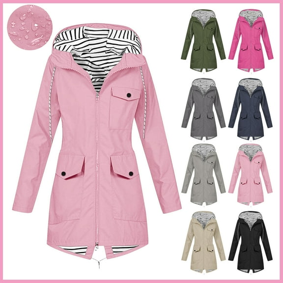 Plus Size Women's Rain Jacket, Waterproof Windbreaker with Hood, Outdoor Loose Fit Coat, Drawstring & Pockets, Hooded Windbreaker Zipper Womens Rain Jacket, Pink S-3XL