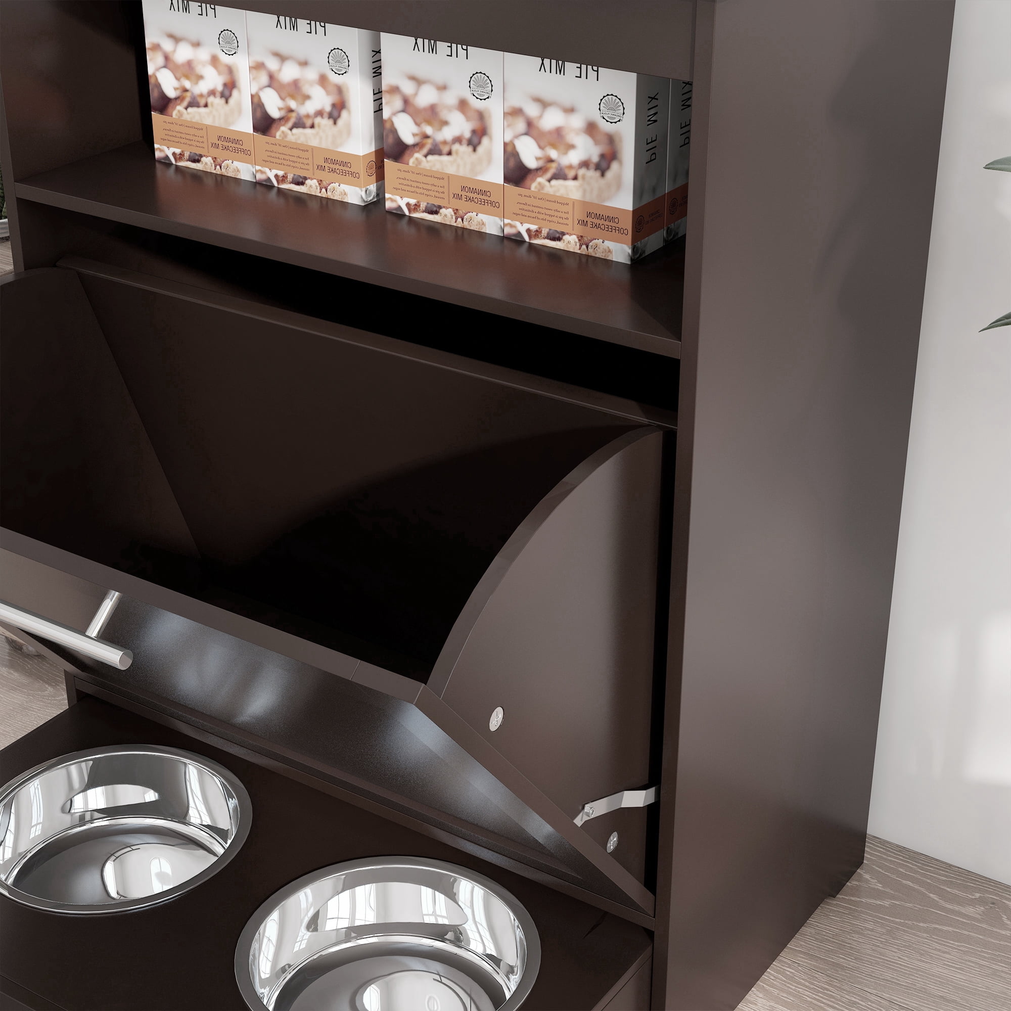 Dog Bed PawHut Pet Feeder Station, Storage Cabinet Dog Food Storage Container with Raised Dog Bowls and Hanger for Feeding & Watering Supplies, Brown,Large Dog Bed