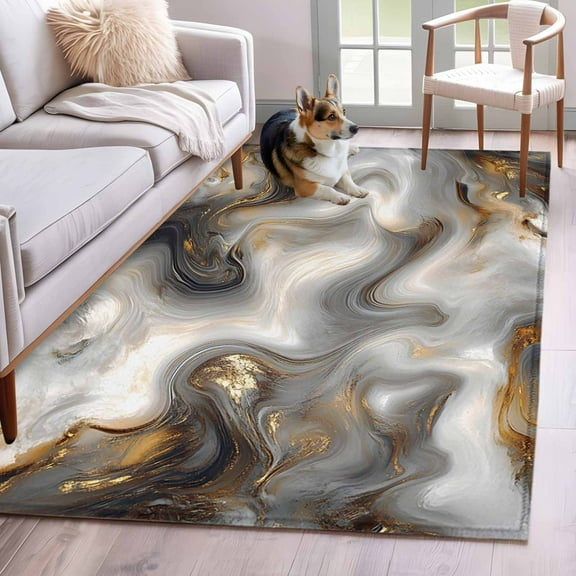 Black Gray Marble Area Rug 4x6 Washable Rug Non Slip Modern Abstract Golden White Texture Large Area Rug Indoor Floor Carpet for Entryway Bedroom Kitchen Living Room Home Office Dining Room Nursery