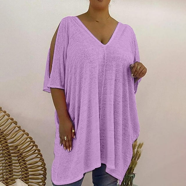 CEHVOM Women Summer Plus Size Casual Loose Solid Short Sleeve V Neck Cold Shoulder Tops
