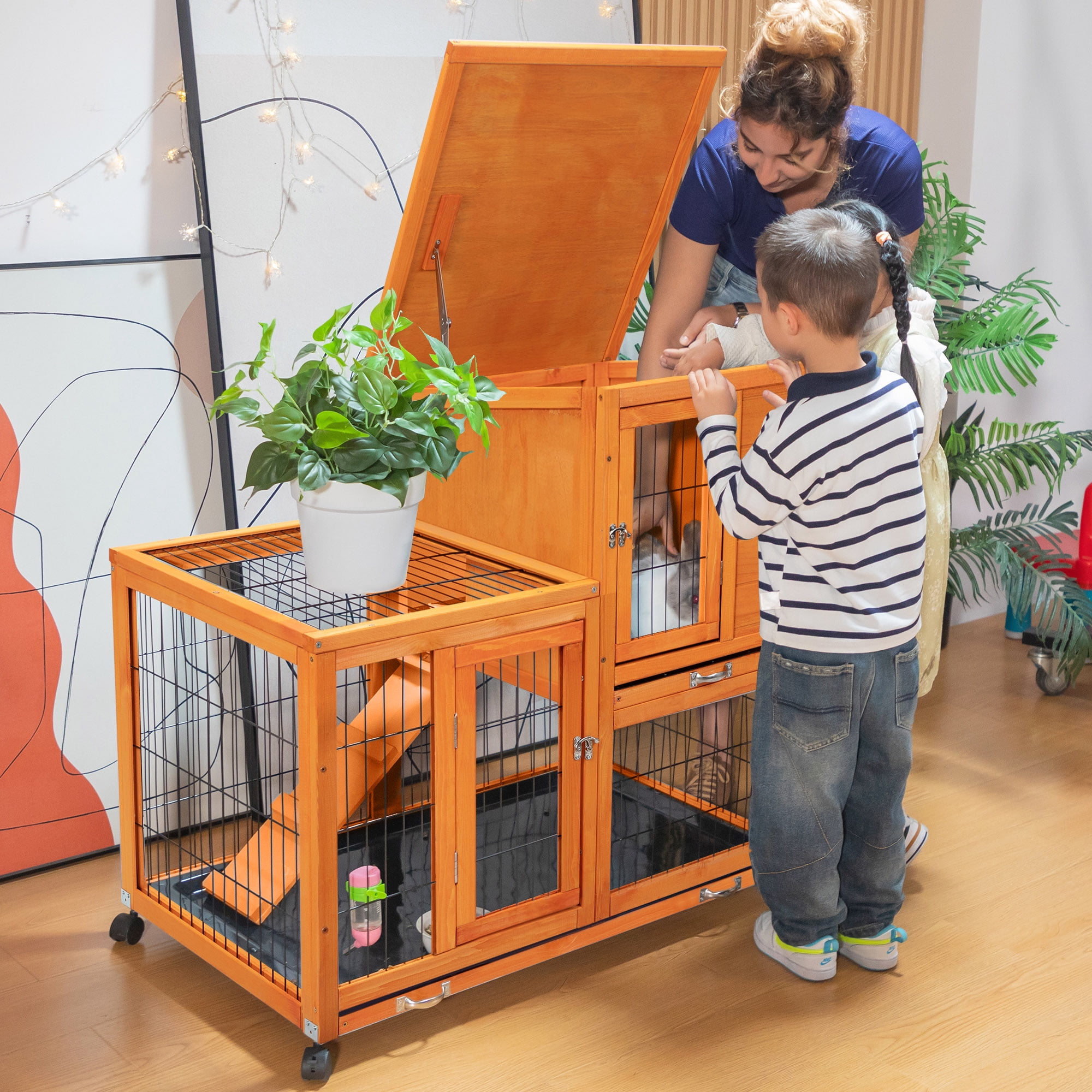 COZIWOW Wooden Rabbit Hutch Hamster Habitat Bunny House Outdoor w/ 4 Casters 2 Cleaning Trays