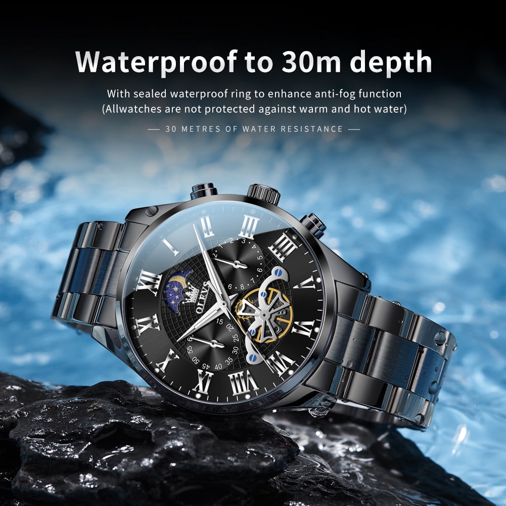 OLEVS Chronograph Watches for Men Waterproof Business Dress Analog Quartz Luxury Moon Phase Stainless Steel Roman Numeral Luminous Casual Mens Wrist Watches Reloj Para Hombre