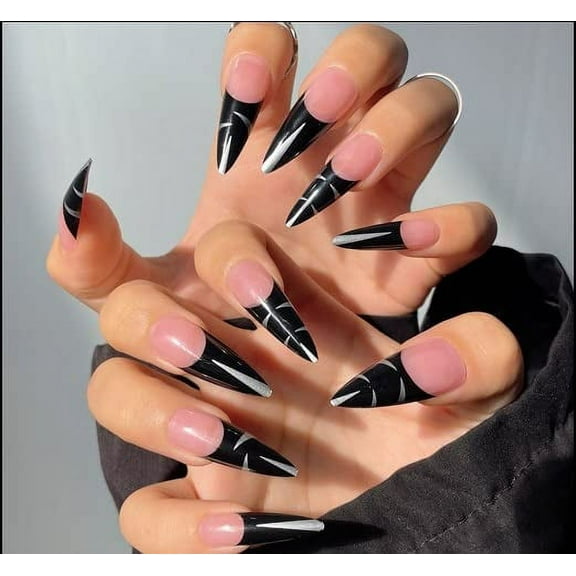 24Pcs Black Press on Nails Stiletto Long Glossy French Tips Fake Nails Almond Glue on Nails Full Cover False Nails Stick on Nails for Women French Tips Black A01 1 Fl Oz (Pack of 1)
