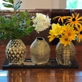 thumbnail image 2 of Iconic Golden Vases, Set of 3, 1 Faceted, 1 Ringed and 1 Diamond Pattern, Electroplated, Stoneware, Gourd Shaped, 5 Inches, 2 of 6