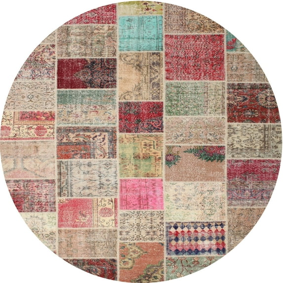Ahgly Company Indoor Round Contemporary Rust Pink Patchwork Area Rugs, 4' Round