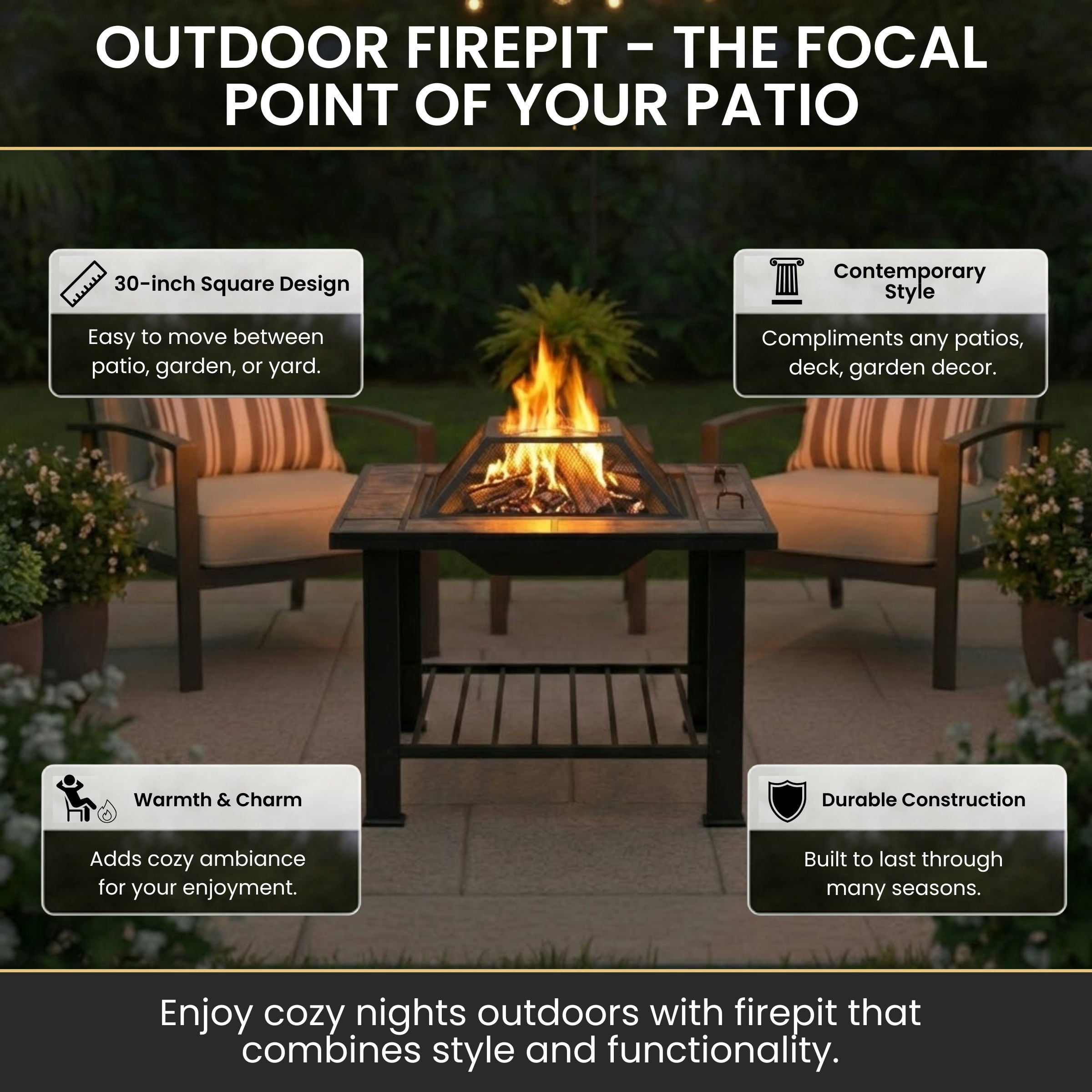 Fire Pit Set, Wood Burning Pit - Includes Screen, Cover and Log Poker - Great for Outdoor and Patio, 30 inch Square Marble Tile Firepit by Pure Garden
