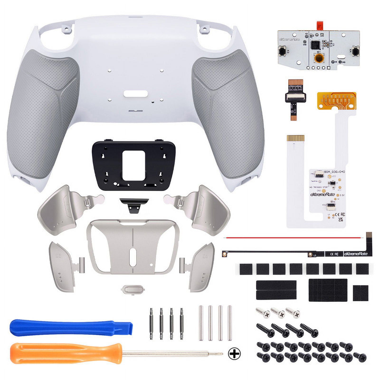 eXtremeRate Real Metal Buttons RMB RISE4 V3 Remap Kit for PS5 Controller BDM-030 040 050, Redesigned Gray Rubberized Grip White Bottom Shell Upgrade Board 4 Silver Back Paddles Set for PS5 Controller
