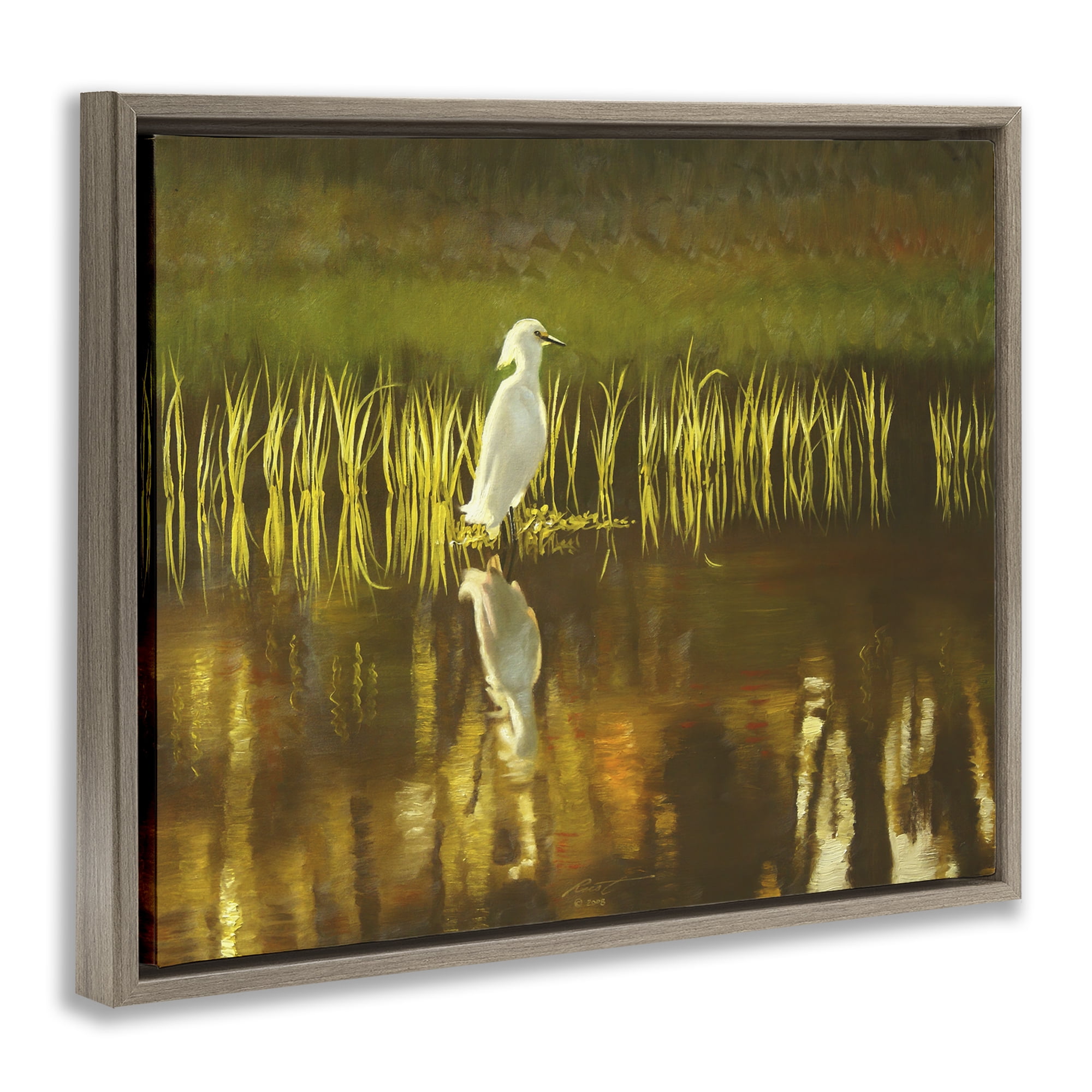 Stupell Industries Bird & Lake Botanicals Landscape Painting Brown Floater Framed Canvas Art Print Wall Art, 21 x 17