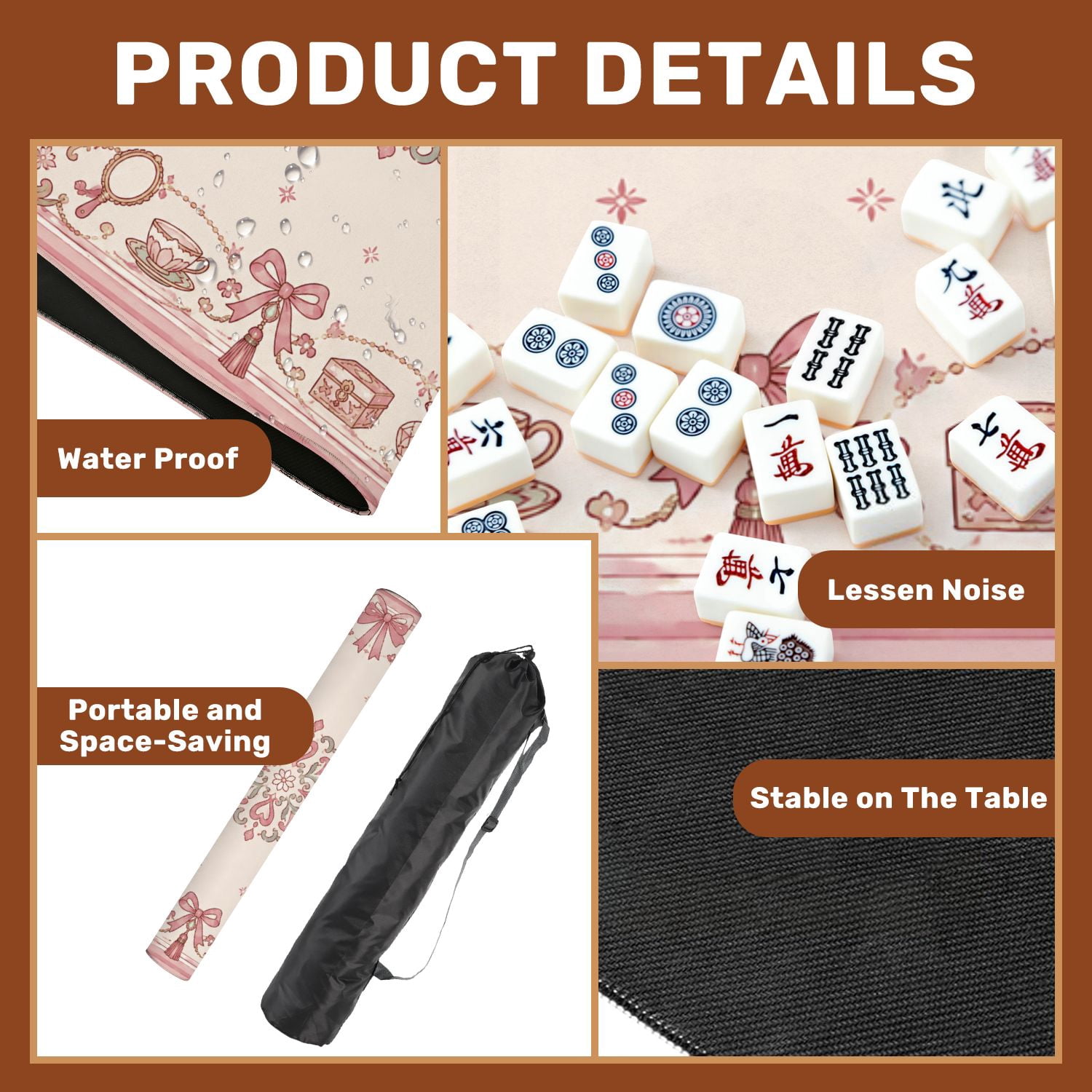 Mahjong Mat 31.5" x 31.5" Pink Cherry Blossom Floral Decorative Borders Bows Non-Slip Noise Reduction American Mahjong Tiles Table Cover for Dominoes Poker Card Board Games Gift