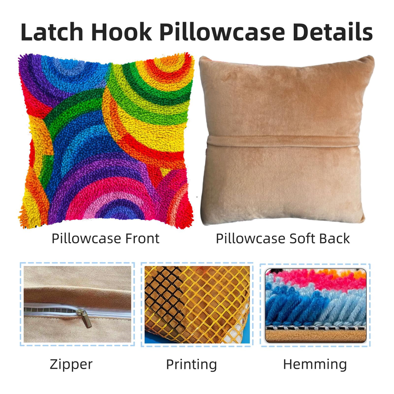 DIY Latch Hook Pillow Kits for Adults Rainbow Circles Printed Pillowcase Crochet Yarns Hooking Handmade Pillow Cover Cushion for Home Sofa Decoration 17x17inch-1