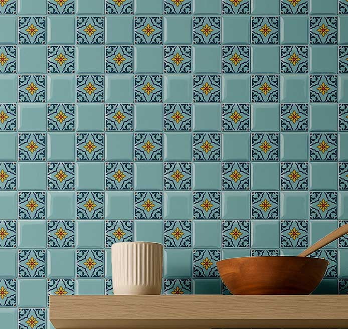 S4Sassy Mosaic Tile Wallpaper - Turquoise Wall Covering, 25" X 60" Self-Adhesive Textured Vinyl Wall Paper, Walls Wrap, Botanical Removable Wallpaper For Bedroom, Nursery, Study