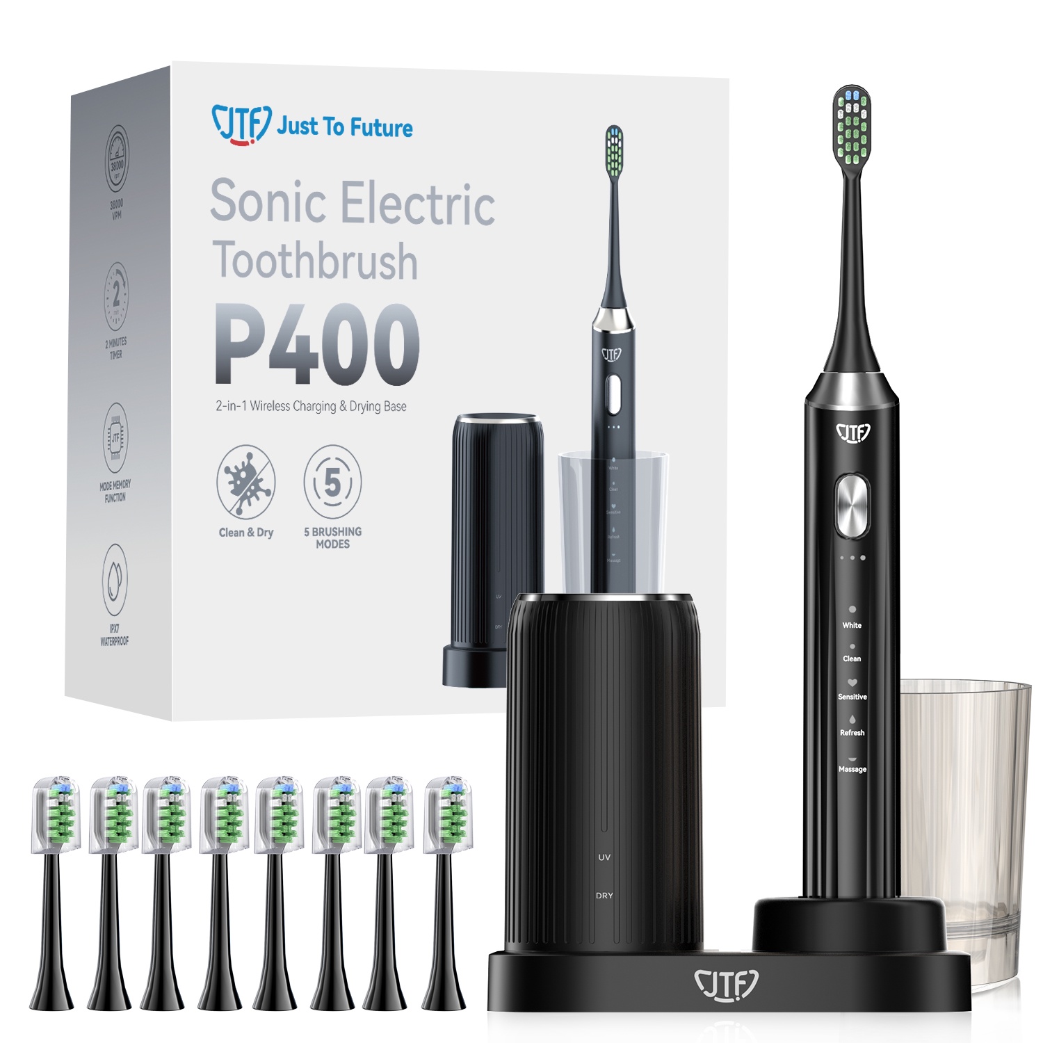 JTF Sonic Electric Toothbrush with UV & Drying: 5 Customized Modes for Effective Yet Gentle Cleaning –with 8 Brush Heads, Rinse Cup, Wireless Charging Base, Rechargeable for Daily Care, Home & Travel