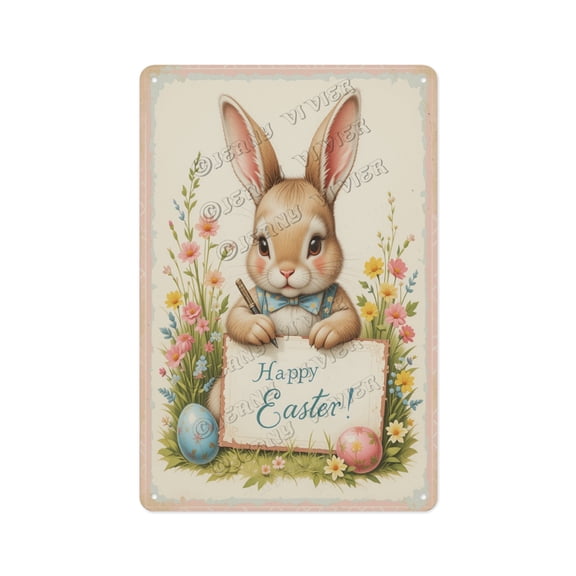 Retro Aluminum Sign with Bunny Writing an Easter Greeting, 12 x 16 Inches, Ideal for Your Nursery, Kid's Room, or Bathroom for a Joyful Spring Display