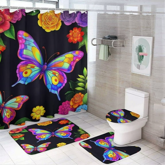 Dreamy Purple Butterfly Pattern (4)-1 Shower Curtain Waterproof Bathroom Curtain Set with Hooks Home Decor Bathroom Curtains 4pcs