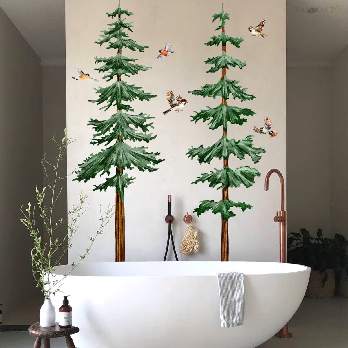 Large Pine Tree Wall Stickers Green Trees Wall Decals Peel and Stick Watercolor Birds Nature Giant Trees Decor Woodland Forest Sticker Green Tree Stickers for Living Room Bedroom Home Decor