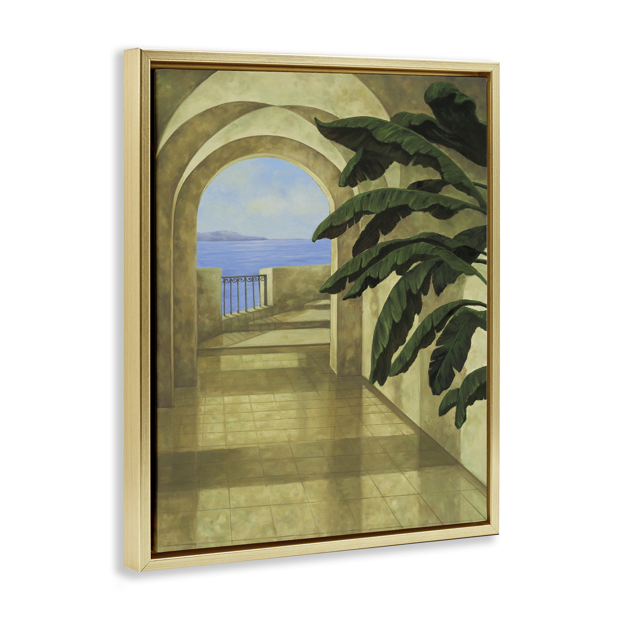 Stupell Industries Coastal Villa Palm Town & City Painting Gold Floater Framed Art Print Wall Art, 17 x 21
