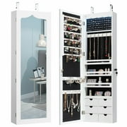Gymax Lockable Wall Door Mounted Jewelry Cabinet LED Mirror White
