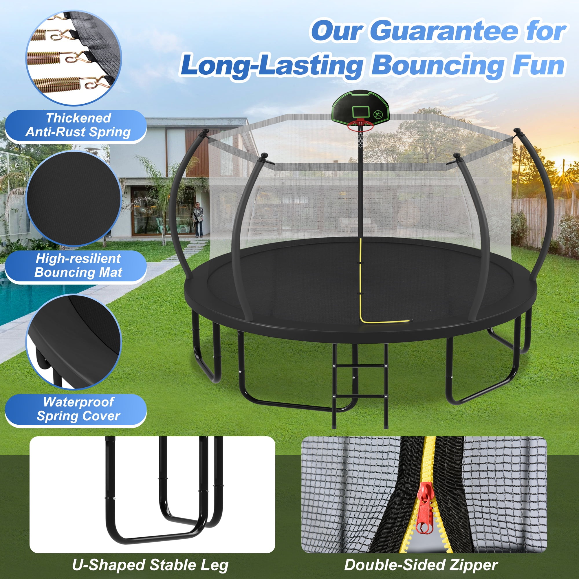 12FT 14FT 16FT Trampoline for Kids Adults with Basketball Hoop, Enclosure Net, 1500LBS Heavy Duty Outdoor Trampoline with Ladder, Recreational Round Trampoline, Pumpkin Outdoor Backyard Trampoline