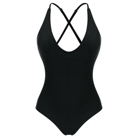 Women Swimwear Sexy One-Piece Bikini Solid Back Cross Adjustable ...