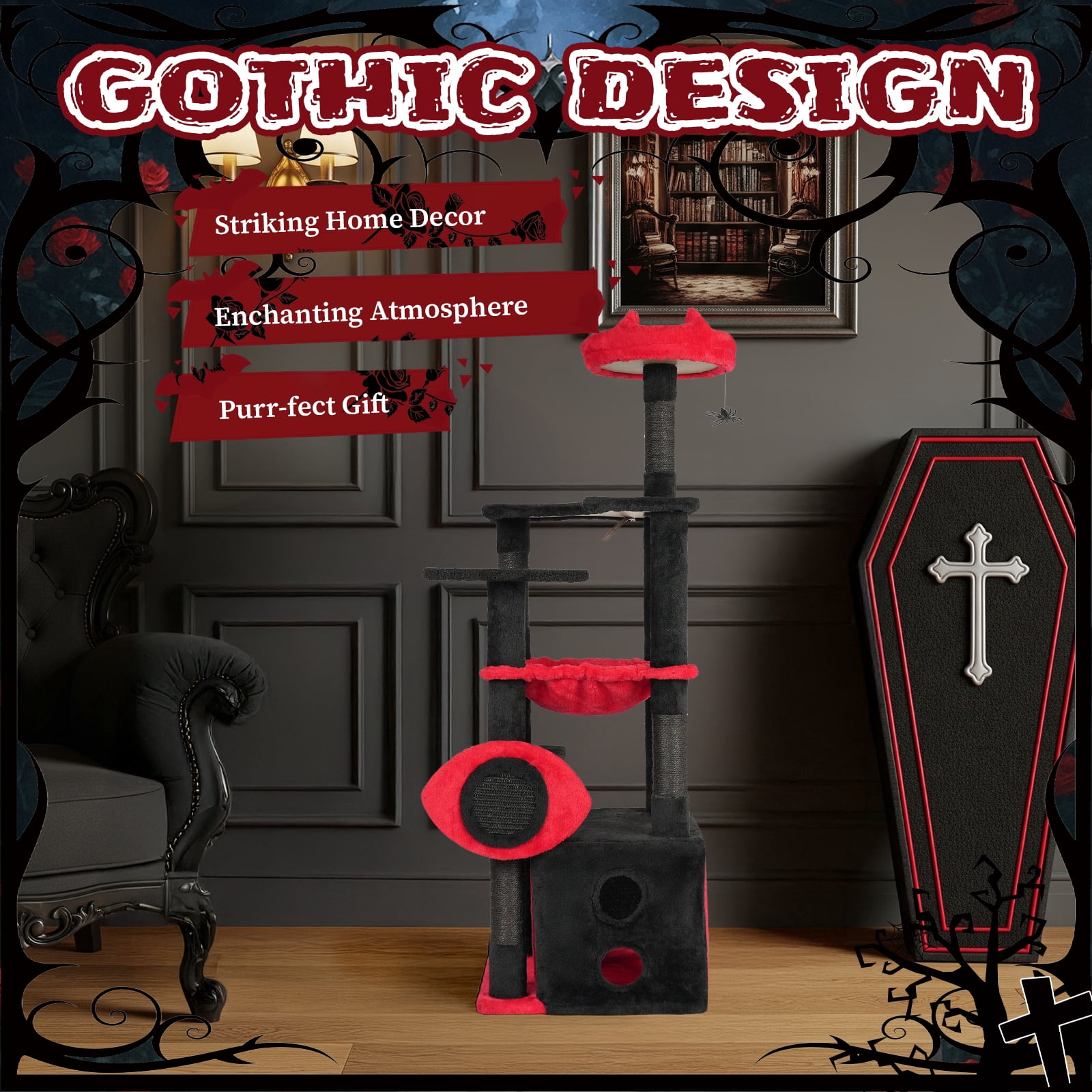 Tcbosik Cat Tree for Indoor Cats, 53 inch Cat Tower with Condo, Hammock and Padded Perch, Halloween Cat House with Scratching Post and Hanging Toy, Black & Red