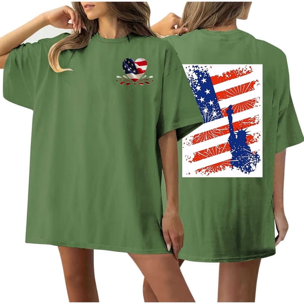 Camiseta de Cuello Redondo Impresa Delantera Y Trasera Del Día de la Independencia de las Mujeres, Tops Cortos Casuales para las Mujeres