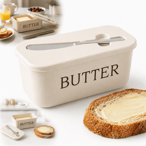 Emlimny Plastic Butter Dish with Lid for Countertop and Refrigerator Door Shelf, Butter Holder Tray Container with Included Butter Knife, Easy Scoop, Dishwasher Safe Butter Keeper and Storage