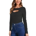 thumbnail image 4 of INSPIRE CHIC Women 's Bodycon Ribbed Knit Cutout Front Long Sleeve Crew Neck Leotard Tops S Black, 4 of 6