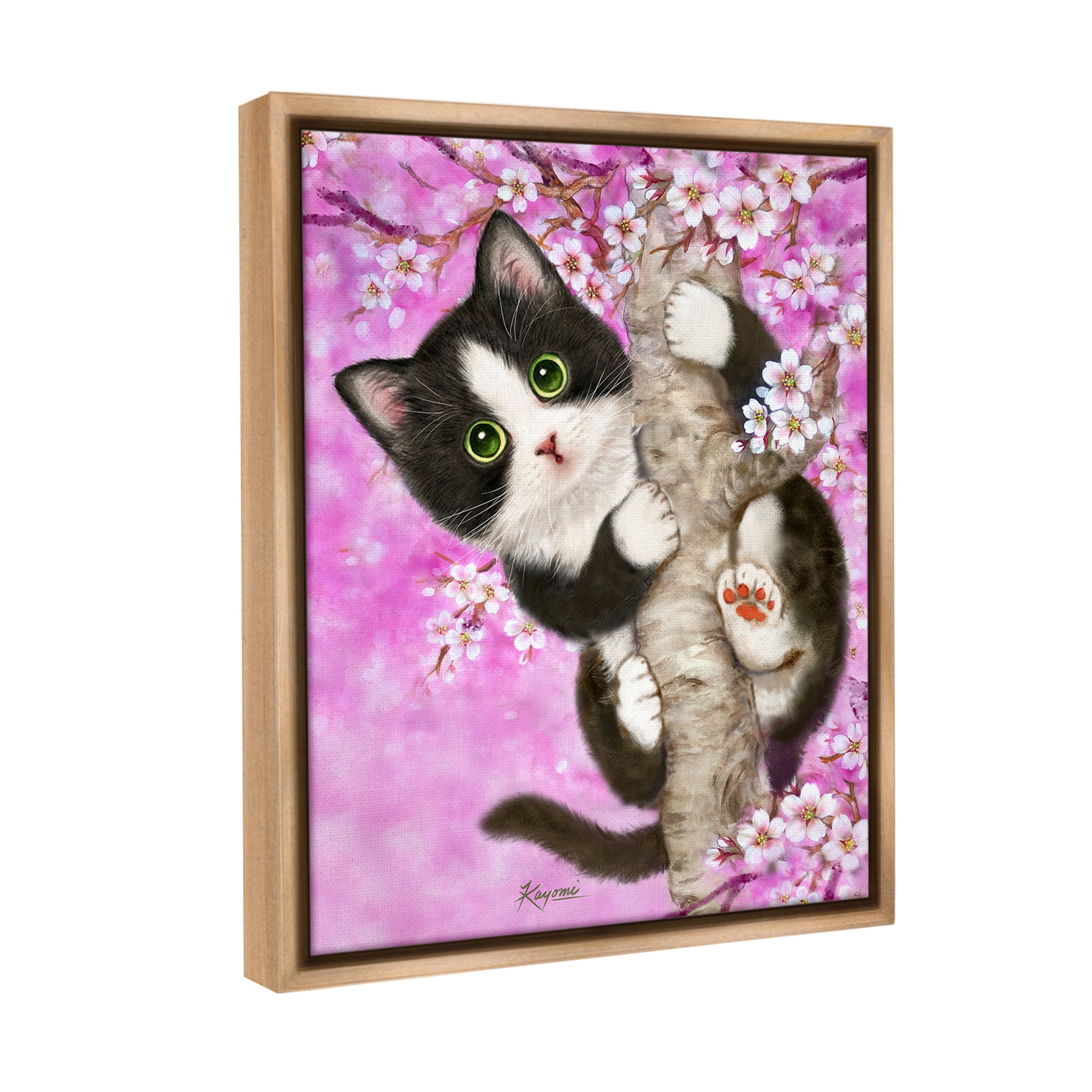 Stupell Industries Kitten & Cherry Blossoms Animals & Insects Painting Brown Floater Framed Canvas Art Print Wall Art, 25 x 31