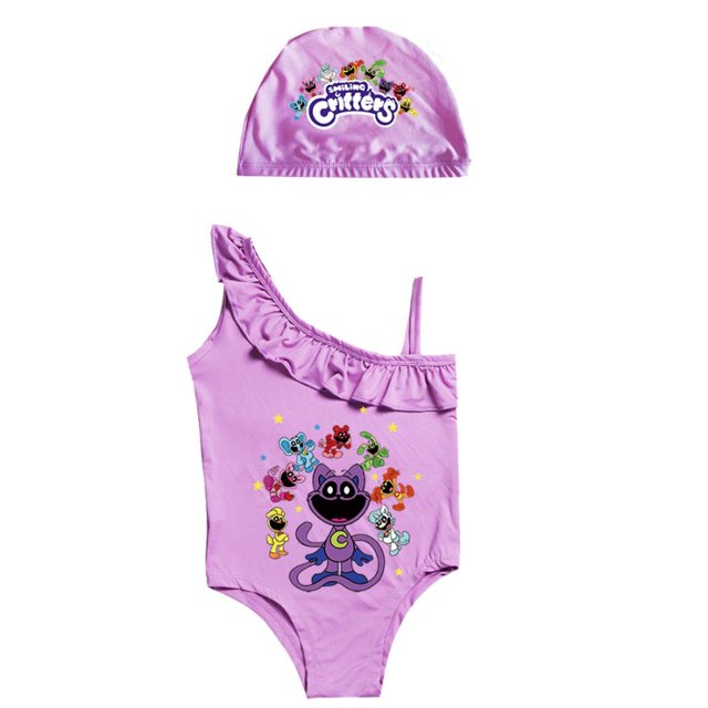 Bañador de dibujos animados de Critters sonrientes para niñas, ropa de baño de punto sin mangas, Camiseta con volantes, gorro de baño para niños, regalos