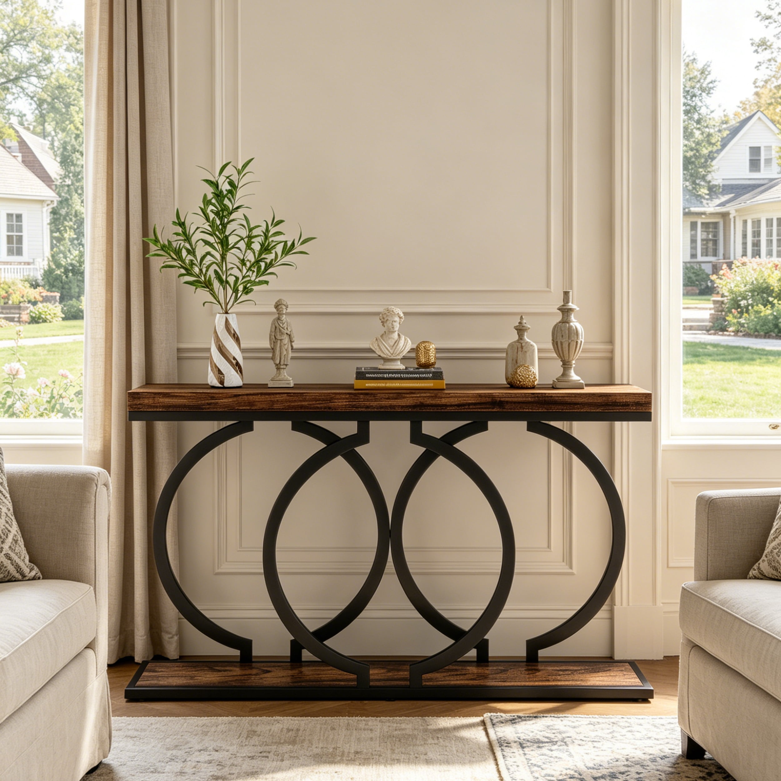 Fnova 55" Console Table, Modern Entryway Table with Geometric Metal Frame, Faux Marble Narrow Long Sofa Table for Living Room, Entrance, Hallway