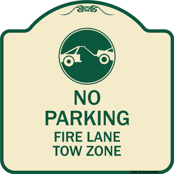 SignMission Designer Series Sign - Fire Lane Tow Zone with Graphic | Tan & Green 18" X 18" Heavy-Gauge Aluminum Architectural Sign | Protect Your Business & Municipality | Made in the