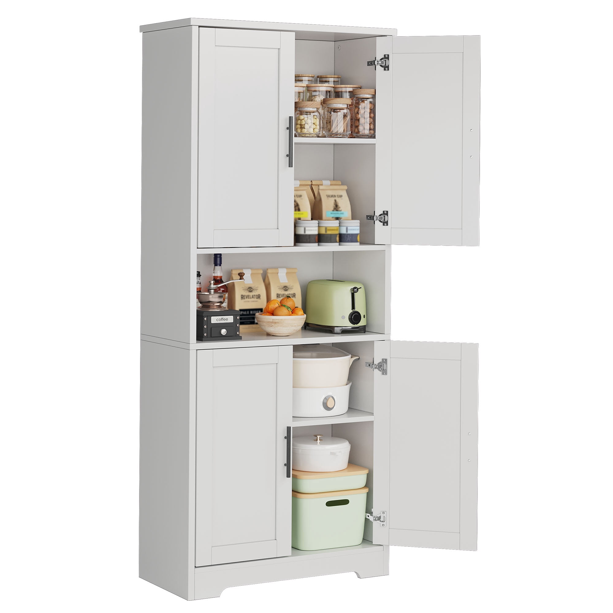 Freestanding Pantry Cabinet - 70 Inch Tall with 4 Doors & 3 Shelves, white
