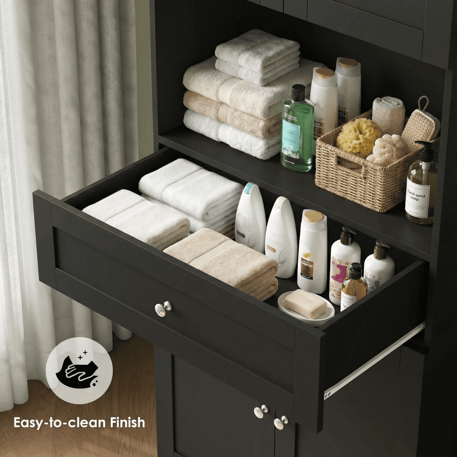 Homfa 67.5" Tall Farmhouse Bathroom Storage Cabiet with Drawer, 4 Door Modern Freestanding Storage Cabinet Cupboard, Black