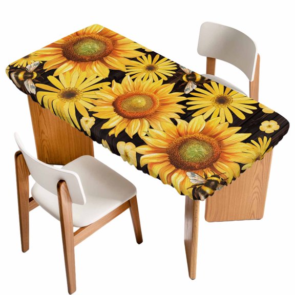 Sunflower Table Cloths for 6 Foot Rectangle Tables, Yellow Floral Elegant Pastoral Flowers Watercolor Patio Waterproof Elastic Fitted Tablecloths, Washable Rectangular Table Cover for Camping
