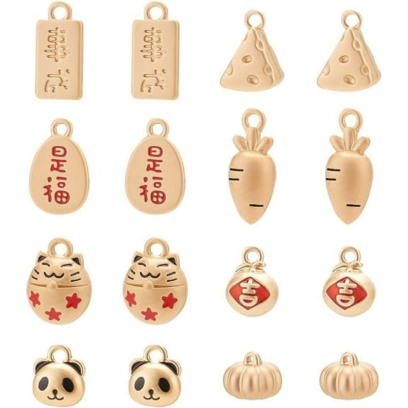 1Box 12 Pcs 12 Styles Chinese New Year Charms Alloy Enamel Charms Pendants Matte Gold Blessing Auspicious Charms for DIY Crafts Bracelet Necklace Jewelry Making