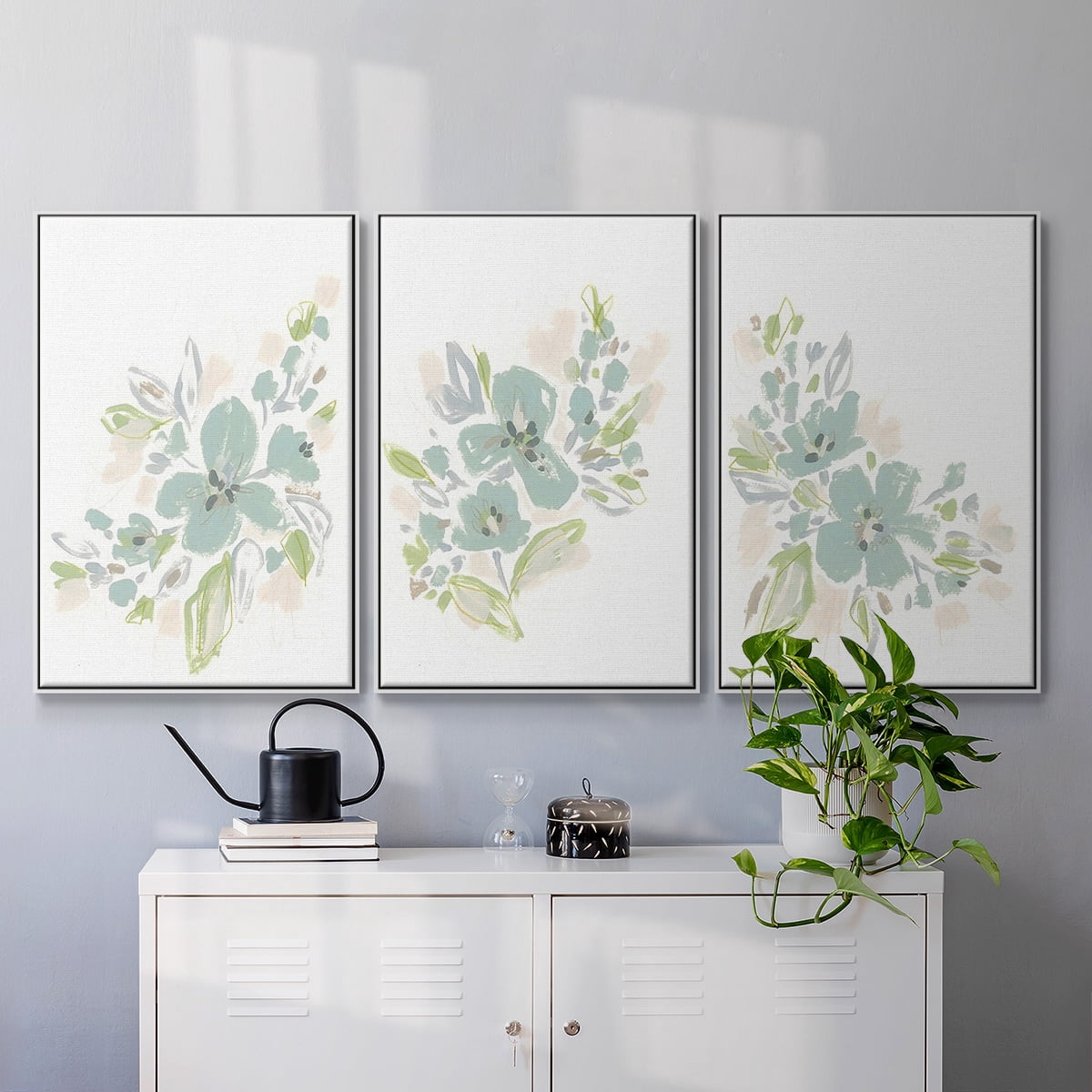 Seafoam Petals I - Framed Premium Gallery Wrapped Canvas L Frame 3 Piece Set - Ready to Hang