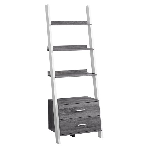 16.75" x 25.5" x 69" Grey White Particle Board Hollow Core  Bookcase with 2 Storage Drawers