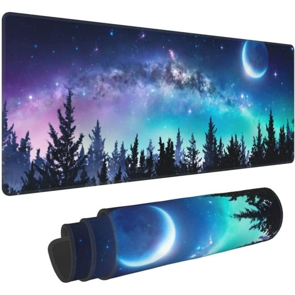 Galaxy XL Large Gaming Mouse Pad, Full Desk Mousepad with Milky Way and Moon in Night Forest, Extended Big Computer Mat for Desk, Non Slip Long Deskpad for Men Office (Blue, 31.5*11.8 in)