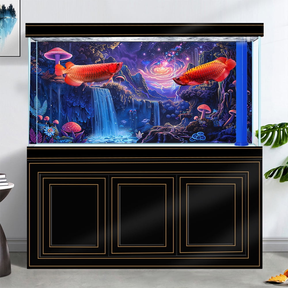 Galaxy Space Planet Aquarium Background, Waterfall Landscape Tapestry Fantasy Mountain Wave Wall Tapestry Mysterious Neon Plants Fish Tank