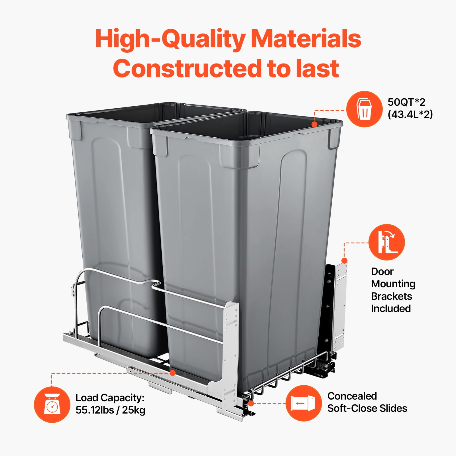 KFFKFF Pull-Out Trash Can, 50 QT x2 Double Under-Mount Kitchen Waste Containers, Durable Recycling Bin with Door Kit and Smooth Soft-Close Slides, Ideal for Cabinets, Sinks, and Under-Counter Spaces